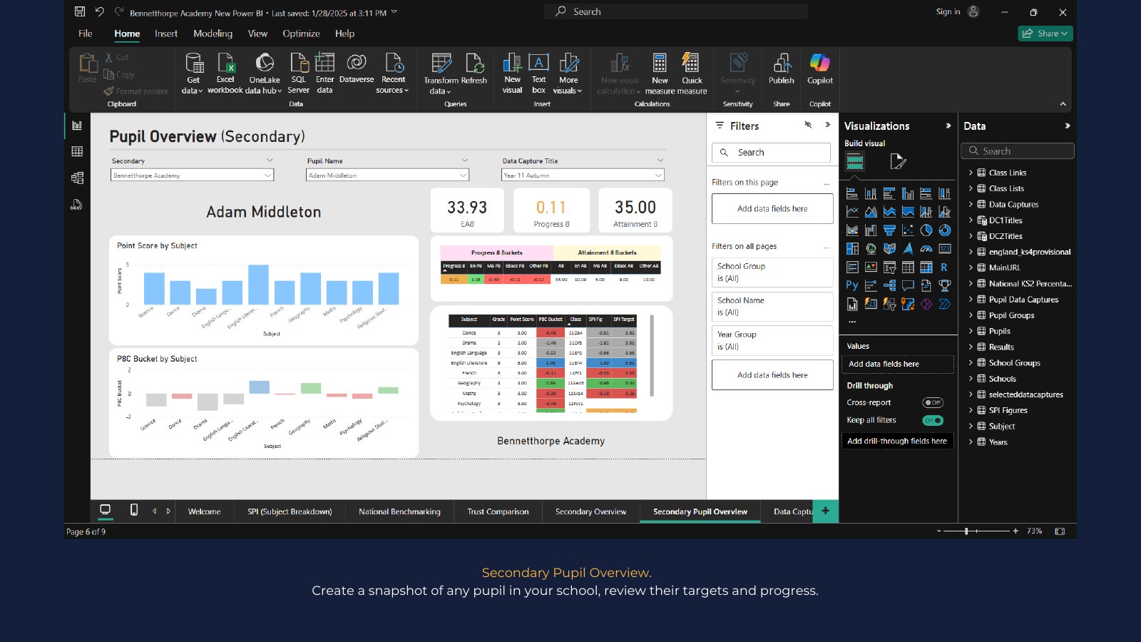 Example Power BI report page 7: Secondary pupil overview