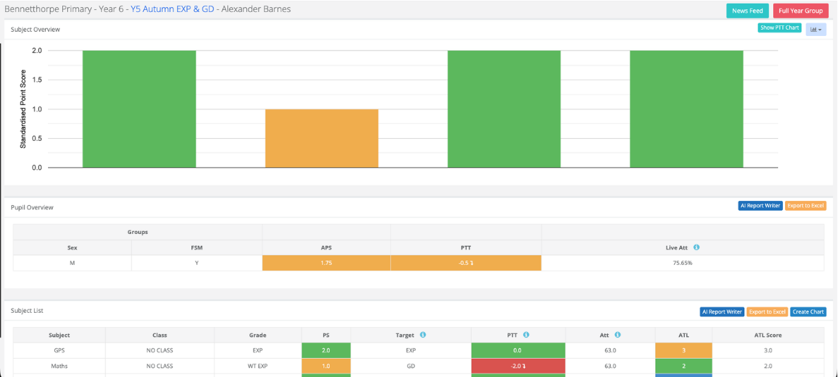 Primary pupil insight screenshot